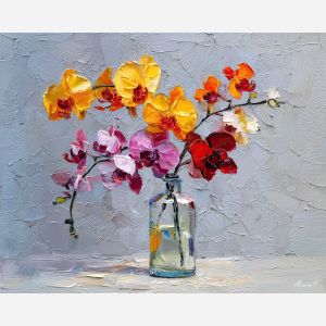 blooming, setting, orchids, flowers on table, still life, floral art, palette knife, oil painting, impasto, textured surface, colorful flowers, vase, tabletop, bright colors, modern still life, painterly style, decorative art