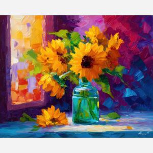bright, colors, sunflowers, flowers on table, still life, floral art, palette knife, oil painting, impasto, textured surface, colorful flowers, vase, tabletop, bright colors, modern still life, painterly style, decorative art
