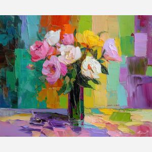painted, composition, peonies, flowers on table, still life, floral art, palette knife, oil painting, impasto, textured surface, colorful flowers, vase, tabletop, bright colors, modern still life, painterly style, decorative art