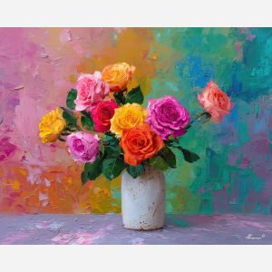 colorful, arrangement, roses, flowers on table, still life, floral art, palette knife, oil painting, impasto, textured surface, colorful flowers, vase, tabletop, bright colors, modern still life, painterly style, decorative art