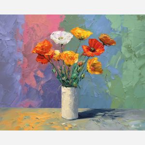 flowing, still, life, poppies, flowers on table, still life, floral art, palette knife, oil painting, impasto, textured surface, colorful flowers, vase, tabletop, bright colors, modern still life, painterly style, decorative art
