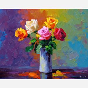 bright, setting, roses, flowers on table, still life, floral art, palette knife, oil painting, impasto, textured surface, colorful flowers, vase, tabletop, bright colors, modern still life, painterly style, decorative art