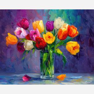 radiant, bouquet, tulips, flowers on table, still life, floral art, palette knife, oil painting, impasto, textured surface, colorful flowers, vase, tabletop, bright colors, modern still life, painterly style, decorative art