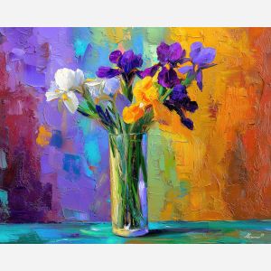 blooming, surface, irises, flowers on table, still life, floral art, palette knife, oil painting, impasto, textured surface, colorful flowers, vase, tabletop, bright colors, modern still life, painterly style, decorative art