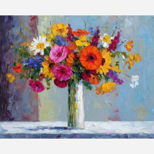 open, blooms, wildflowers, flowers on table, still life, floral art, palette knife, oil painting, impasto, textured surface, colorful flowers, vase, tabletop, bright colors, modern still life, painterly style, decorative art
