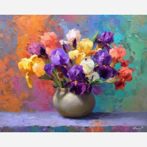 blooming, moment, irises, flowers on table, still life, floral art, palette knife, oil painting, impasto, textured surface, colorful flowers, vase, tabletop, bright colors, modern still life, painterly style, decorative art
