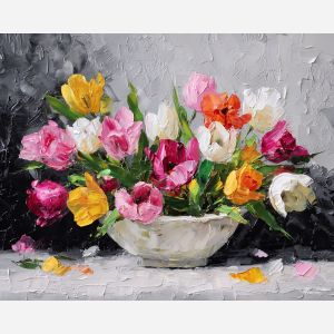 blooming, composition, tulips, flowers on table, still life, floral art, palette knife, oil painting, impasto, textured surface, colorful flowers, vase, tabletop, bright colors, modern still life, painterly style, decorative art