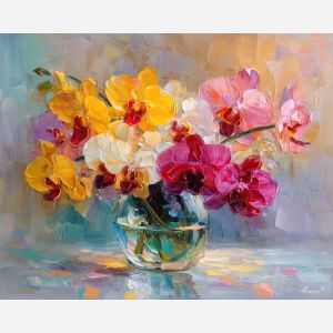 radiant, display, orchids, flowers on table, still life, floral art, palette knife, oil painting, impasto, textured surface, colorful flowers, vase, tabletop, bright colors, modern still life, painterly style, decorative art