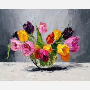 vivid, scene, tulips, flowers on table, still life, floral art, palette knife, oil painting, impasto, textured surface, colorful flowers, vase, tabletop, bright colors, modern still life, painterly style, decorative art