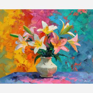 painted, table, lilies, flowers on table, still life, floral art, palette knife, oil painting, impasto, textured surface, colorful flowers, vase, tabletop, bright colors, modern still life, painterly style, decorative art