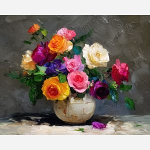 fresh, flowers, roses, flowers on table, still life, floral art, palette knife, oil painting, impasto, textured surface, colorful flowers, vase, tabletop, bright colors, modern still life, painterly style, decorative art