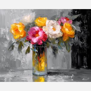 fresh, surface, peonies, flowers on table, still life, floral art, palette knife, oil painting, impasto, textured surface, colorful flowers, vase, tabletop, bright colors, modern still life, painterly style, decorative art