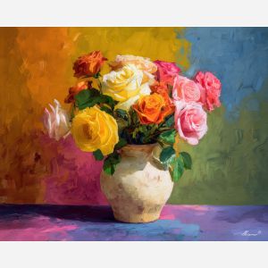 fresh, composition, roses, flowers on table, still life, floral art, palette knife, oil painting, impasto, textured surface, colorful flowers, vase, tabletop, bright colors, modern still life, painterly style, decorative art