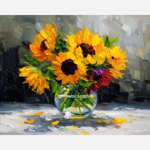 open, display, sunflowers, flowers on table, still life, floral art, palette knife, oil painting, impasto, textured surface, colorful flowers, vase, tabletop, bright colors, modern still life, painterly style, decorative art
