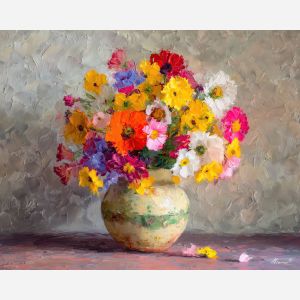 blooming, vase, wildflowers, flowers on table, still life, floral art, palette knife, oil painting, impasto, textured surface, colorful flowers, tabletop, bright colors, modern still life, painterly style, decorative art