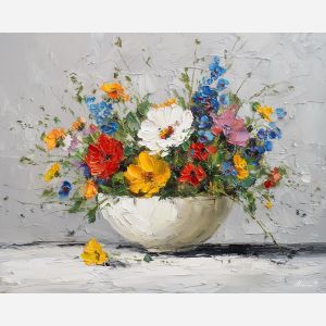 bright, surface, wildflowers, flowers on table, still life, floral art, palette knife, oil painting, impasto, textured surface, colorful flowers, vase, tabletop, bright colors, modern still life, painterly style, decorative art
