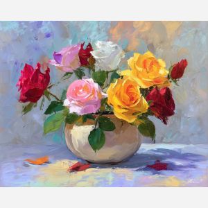 warm, still, life, roses, flowers on table, still life, floral art, palette knife, oil painting, impasto, textured surface, colorful flowers, vase, tabletop, bright colors, modern still life, painterly style, decorative art
