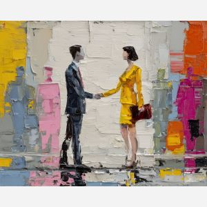 balanced, meeting, business theme, office scene, professional, palette knife, oil painting, impasto, textured surface, corporate, modern office, workplace art, presentation, collaboration, desk, whiteboard