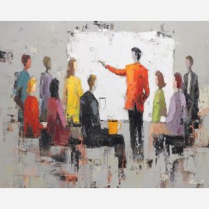 working, conference, business theme, office scene, meeting, professional, palette knife, oil painting, impasto, textured surface, corporate, modern office, workplace art, presentation, collaboration, desk, whiteboard