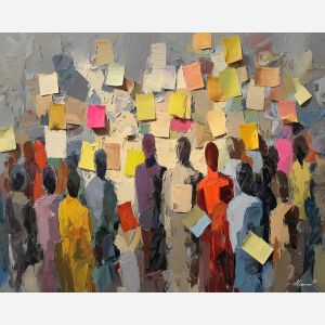 dynamic, session, business theme, office scene, meeting, professional, palette knife, oil painting, impasto, textured surface, corporate, modern office, workplace art, presentation, collaboration, desk, whiteboard