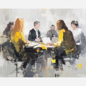focused, discussion, business theme, office scene, meeting, professional, palette knife, oil painting, impasto, textured surface, corporate, modern office, workplace art, presentation, collaboration, desk, whiteboard