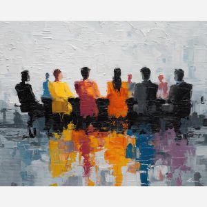 dynamic, project, business theme, office scene, meeting, professional, palette knife, oil painting, impasto, textured surface, corporate, modern office, workplace art, presentation, collaboration, desk, whiteboard