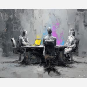 balanced, exchange, business theme, office scene, meeting, professional, palette knife, oil painting, impasto, textured surface, corporate, modern office, workplace art, presentation, collaboration, desk, whiteboard