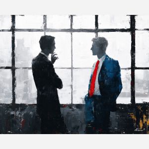 professional, discussion, business theme, office scene, meeting, palette knife, oil painting, impasto, textured surface, corporate, modern office, workplace art, presentation, collaboration, desk, whiteboard