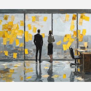 collaborative, agenda, business theme, office scene, meeting, professional, palette knife, oil painting, impasto, textured surface, corporate, modern office, workplace art, presentation, collaboration, desk, whiteboard