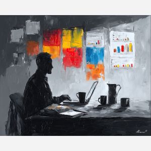 dynamic, conference, business theme, office scene, meeting, professional, palette knife, oil painting, impasto, textured surface, corporate, modern office, workplace art, presentation, collaboration, desk, whiteboard