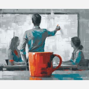 structured, presentation, business theme, office scene, meeting, professional, palette knife, oil painting, impasto, textured surface, corporate, modern office, workplace art, collaboration, desk, whiteboard