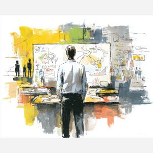 balanced, project, business theme, office scene, meeting, professional, palette knife, oil painting, impasto, textured surface, corporate, modern office, workplace art, presentation, collaboration, desk, whiteboard