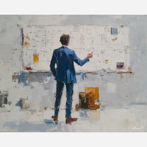 professional, moment, business theme, office scene, meeting, palette knife, oil painting, impasto, textured surface, corporate, modern office, workplace art, presentation, collaboration, desk, whiteboard