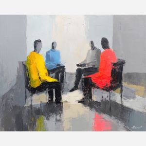 active, moment, business theme, office scene, meeting, professional, palette knife, oil painting, impasto, textured surface, corporate, modern office, workplace art, presentation, collaboration, desk, whiteboard