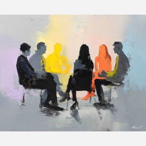 collaborative, session, business theme, office scene, meeting, professional, palette knife, oil painting, impasto, textured surface, corporate, modern office, workplace art, presentation, collaboration, desk, whiteboard