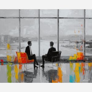 clean, conference, business theme, office scene, meeting, professional, palette knife, oil painting, impasto, textured surface, corporate, modern office, workplace art, presentation, collaboration, desk, whiteboard