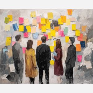 formal, meeting, business theme, office scene, professional, palette knife, oil painting, impasto, textured surface, corporate, modern office, workplace art, presentation, collaboration, desk, whiteboard