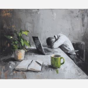 calm, task, business theme, office scene, meeting, professional, palette knife, oil painting, impasto, textured surface, corporate, modern office, workplace art, presentation, collaboration, desk, whiteboard