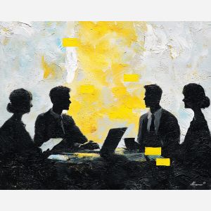 quiet, plan, business theme, office scene, meeting, professional, palette knife, oil painting, impasto, textured surface, corporate, modern office, workplace art, presentation, collaboration, desk, whiteboard