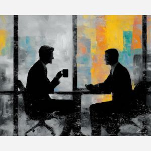 shared, desk, business theme, office scene, meeting, professional, palette knife, oil painting, impasto, textured surface, corporate, modern office, workplace art, presentation, collaboration, whiteboard