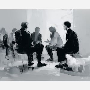 active, briefing, business theme, office scene, meeting, professional, palette knife, oil painting, impasto, textured surface, corporate, modern office, workplace art, presentation, collaboration, desk, whiteboard