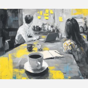 bright, discussion, business theme, office scene, meeting, professional, palette knife, oil painting, impasto, textured surface, corporate, modern office, workplace art, presentation, collaboration, desk, whiteboard