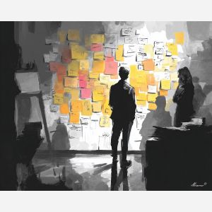 shared, presentation, business theme, office scene, meeting, professional, palette knife, oil painting, impasto, textured surface, corporate, modern office, workplace art, collaboration, desk, whiteboard