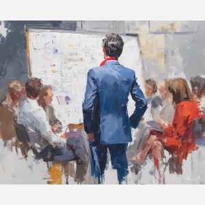 working, project, business theme, office scene, meeting, professional, palette knife, oil painting, impasto, textured surface, corporate, modern office, workplace art, presentation, collaboration, desk, whiteboard