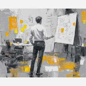 modern, meeting, business theme, office scene, professional, palette knife, oil painting, impasto, textured surface, corporate, modern office, workplace art, presentation, collaboration, desk, whiteboard