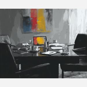 engaged, briefing, business theme, office scene, meeting, professional, palette knife, oil painting, impasto, textured surface, corporate, modern office, workplace art, presentation, collaboration, desk, whiteboard