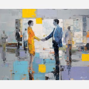 shared, collaboration, business theme, office scene, meeting, professional, palette knife, oil painting, impasto, textured surface, corporate, modern office, workplace art, presentation, desk, whiteboard