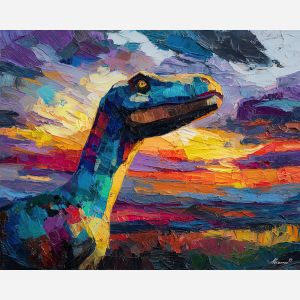 dinosaur, modern art, palette knife, oil painting, impasto, textured surface, contemporary, expressive, visual art, creative, abstract, painterly, bold colors, concept art, illustrative, graphic