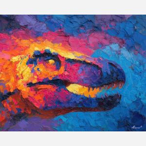 dinosaur, modern art, palette knife, oil painting, impasto, textured surface, contemporary, expressive, visual art, creative, abstract, painterly, bold colors, concept art, illustrative, graphic