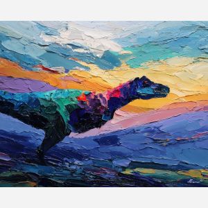 dinosaur, modern art, palette knife, oil painting, impasto, textured surface, contemporary, expressive, visual art, creative, abstract, painterly, bold colors, concept art, illustrative, graphic